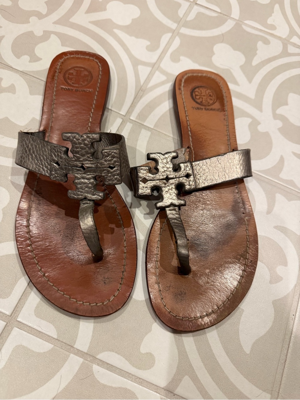 Tory Burch Metallic Bronze Logo Thong Sandals